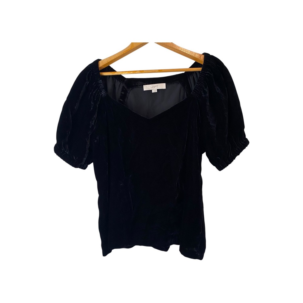 Loft Black Velvet Square Neck Puff Short Sleeve Top Blouse‎ Women's Size M
